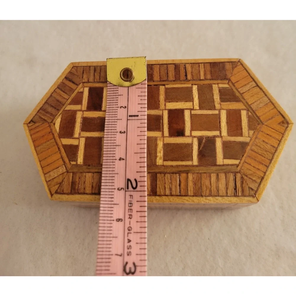 Vintage Octagon Wood Inlay Jewelry‎ Trinket Box Geometric Mosaic Pattern